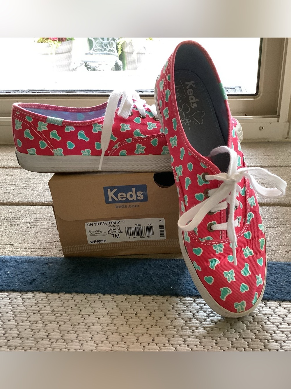 Keds Pink Canvas Sneakers with Mint Green Cat and Heart Print